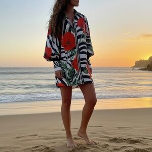 #A322   Nancy Artistic Style Floral Zebra Print Button-Down Shirt Dress NWOT M